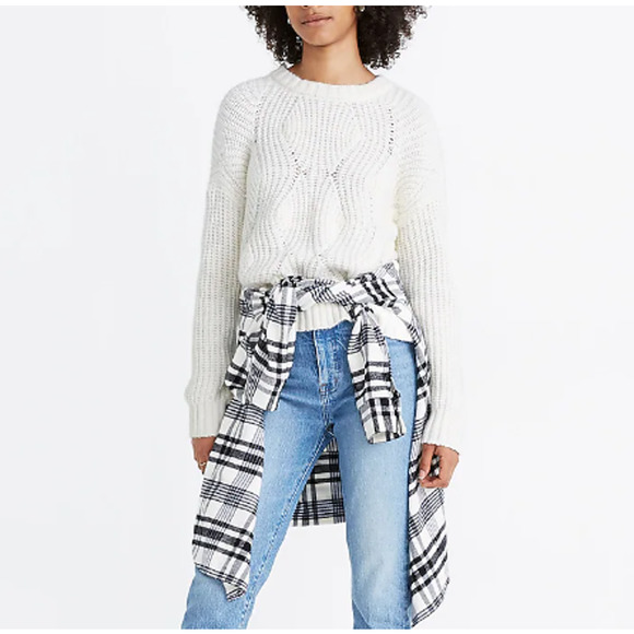 Madewell Long Sleeve Cable Knit Crop Pullover Sweater, Women's Size XS - White